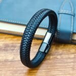 First Peach Stylish Bracelet for Men Black Leather Hand Band Jewellery Accessories For Boys